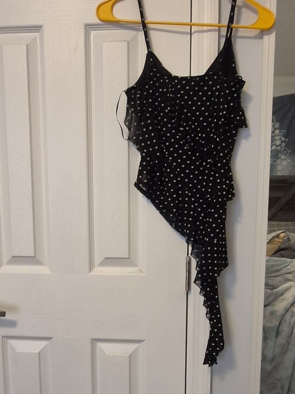 Black Polka Dot Ruffle Asymmetric Tank Top - Picture 2 of 3